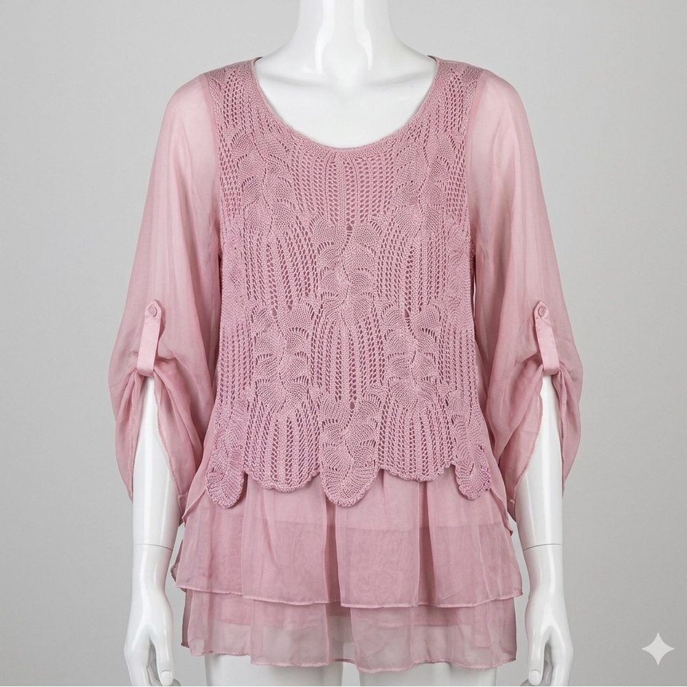Cleo Dusty Rose Crochet Lace Chiffon Layered Boho Tunic Top Women’s Medium